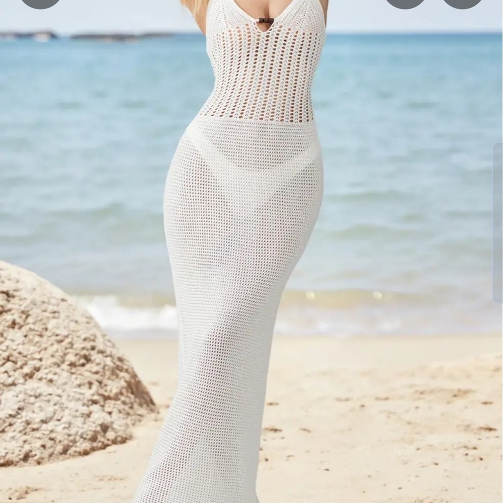 Crochet Maxi Beach Cover-Up Dress in White